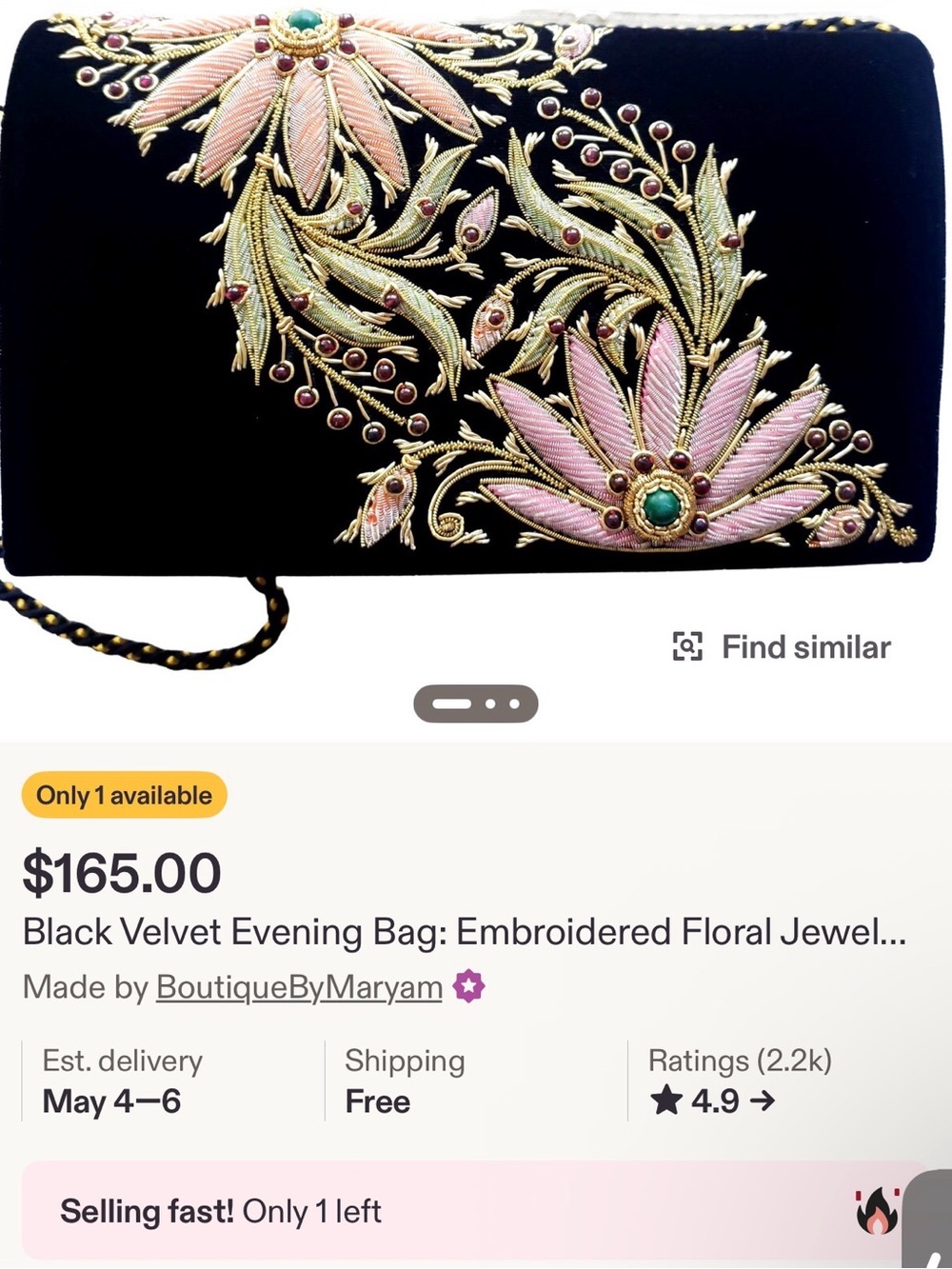 Embroidered Black Velvet Floral Clutch - Pink & Green Accents - Picture 6 of 6